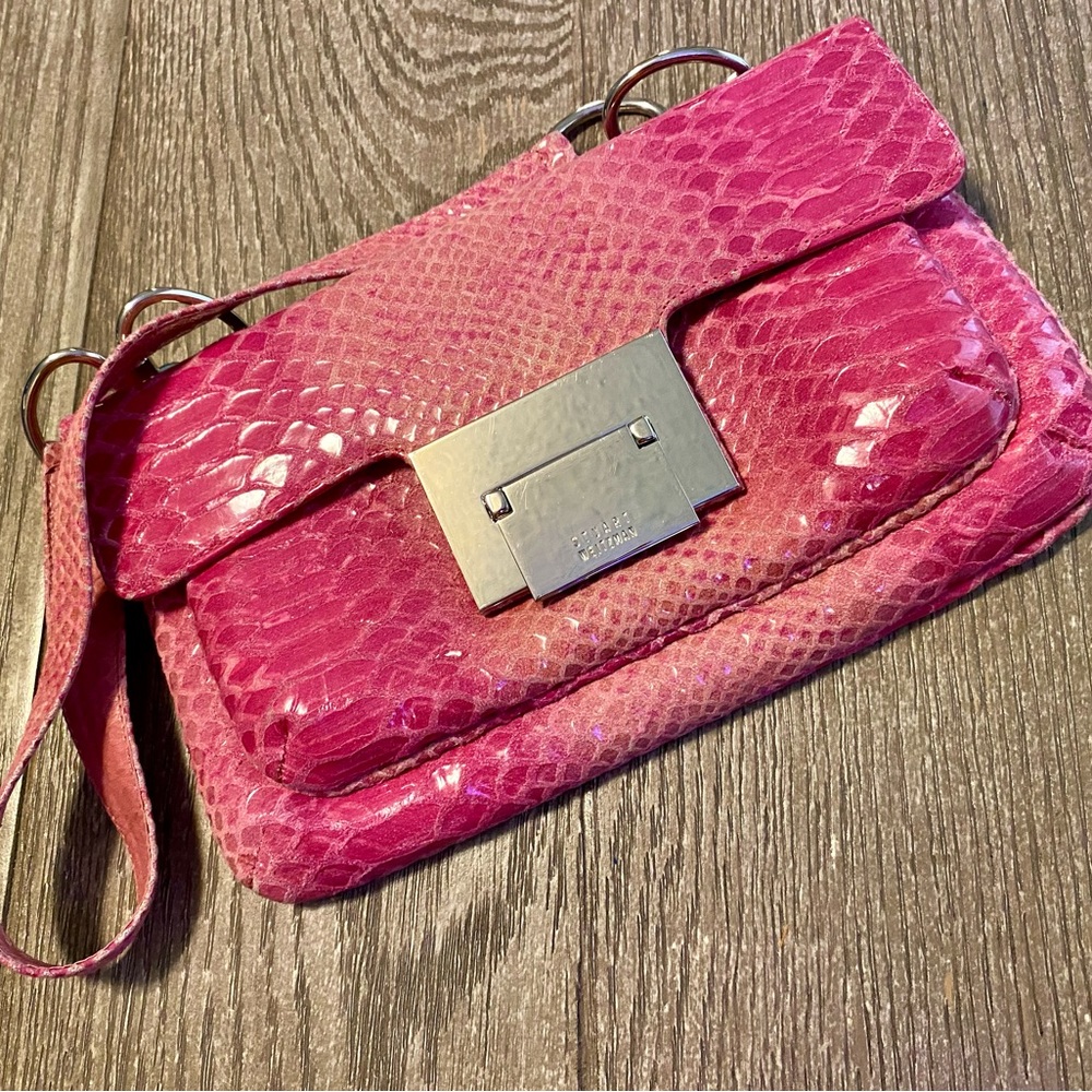 Stuart Weitzman Fuchsia Villa Bag. Hot pink croc effect. Silver hardware.